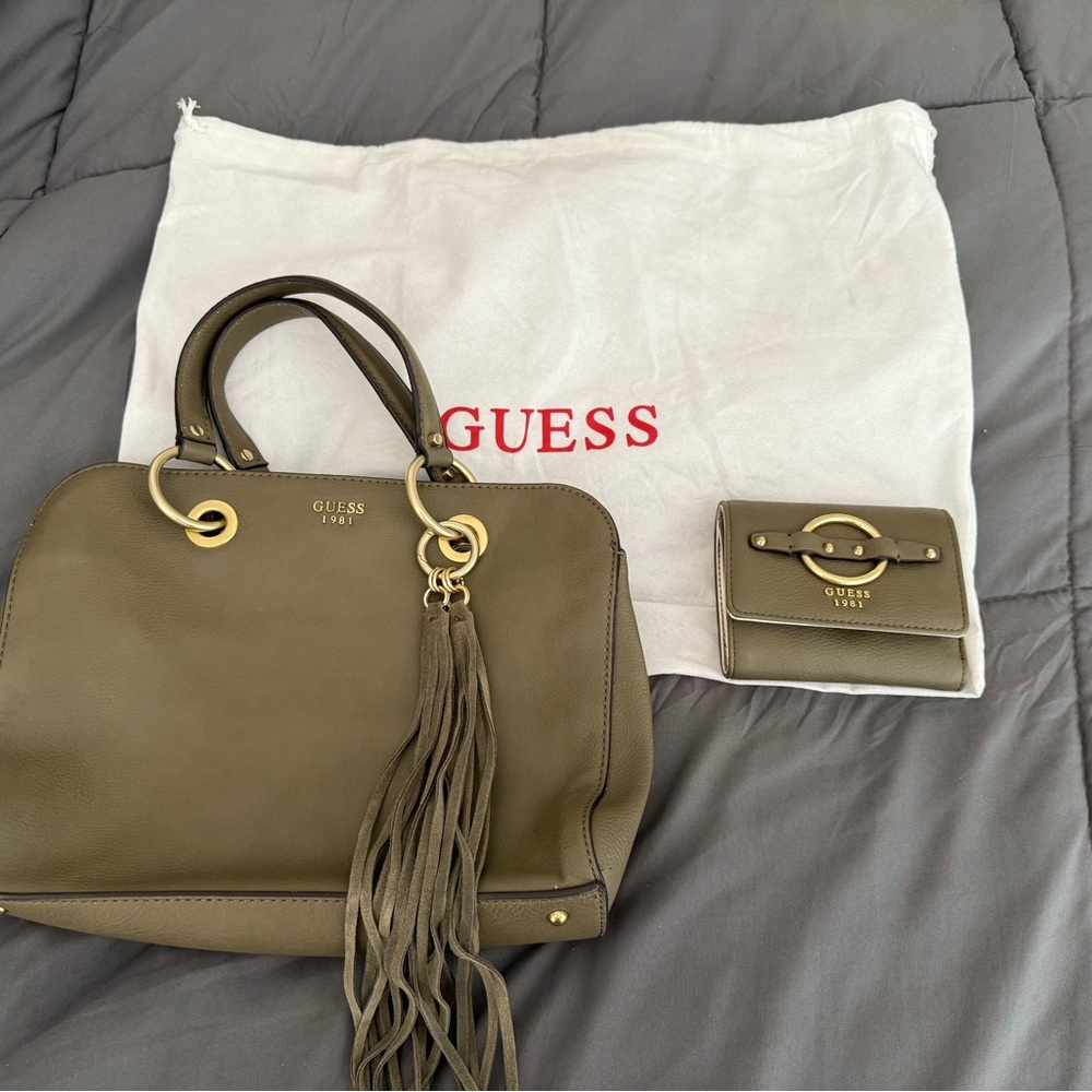 GUESS Olive Green Fringe Dixie Purse Handbag and Wallet Set
